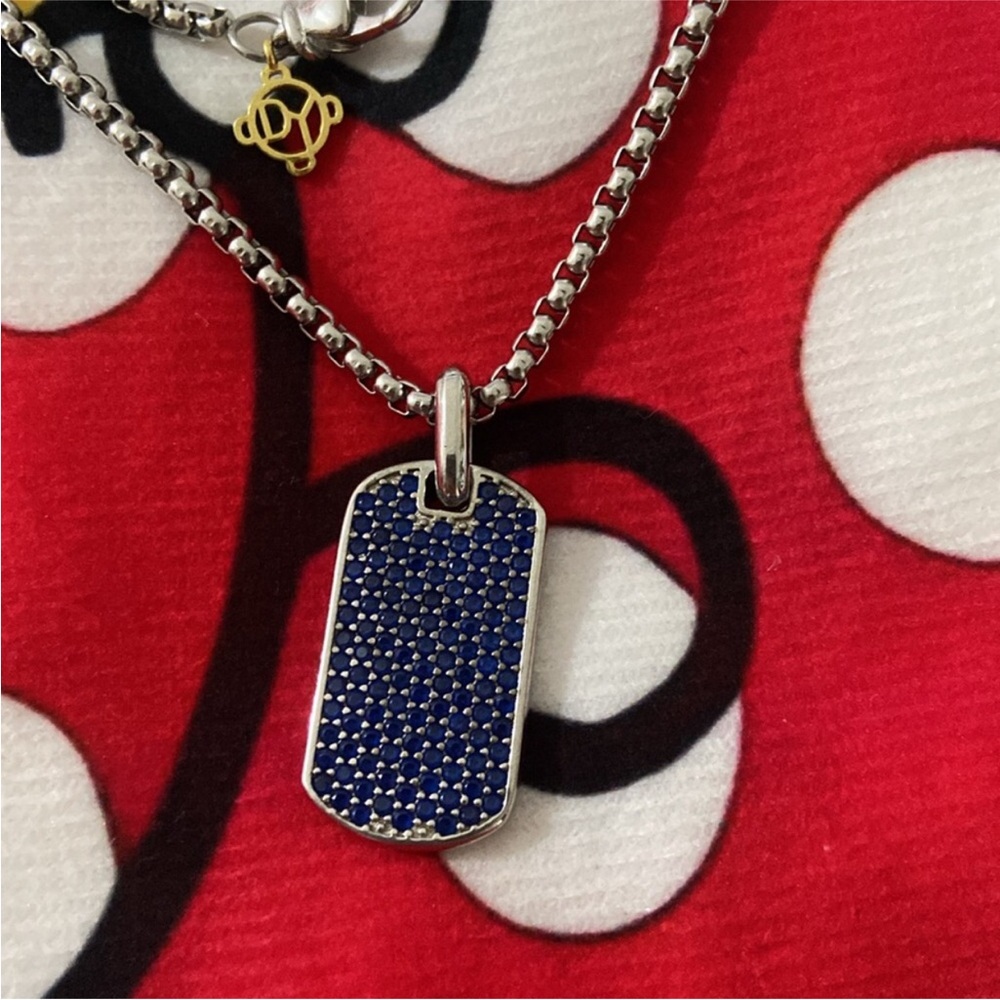 David Yurman Silver Necklace with Blue Pave Dog Tag Pendant